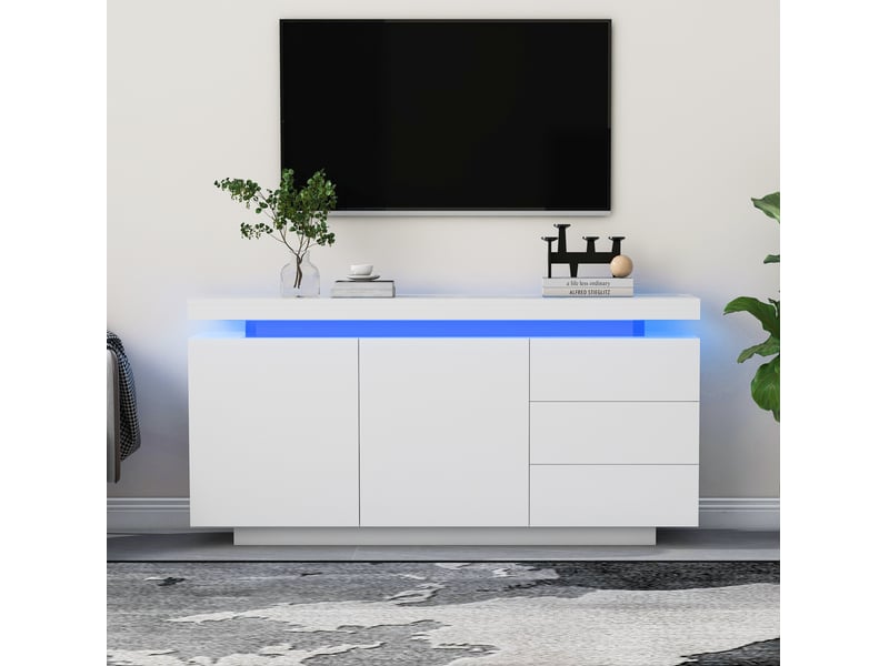 Buffet modenvie blanc brillant avec led rgb 140 x 35 x 72,5 cm 2 portes 3 tiroirs - Conforama B