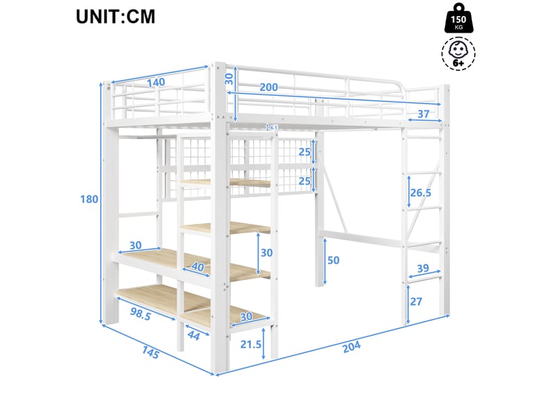  Lit mezzanine 140 x 200 cm en métal avec rangement, led et penderie blanc  - Conforama C