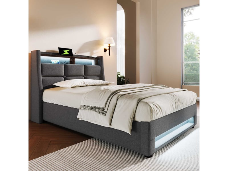 Lit coffre led 90x200 cm avec matelas 25 cm, 2 ports usb, tête de lit avec étagère, sommier relevable, tissu gris C-DEGAYUN - Conforama B