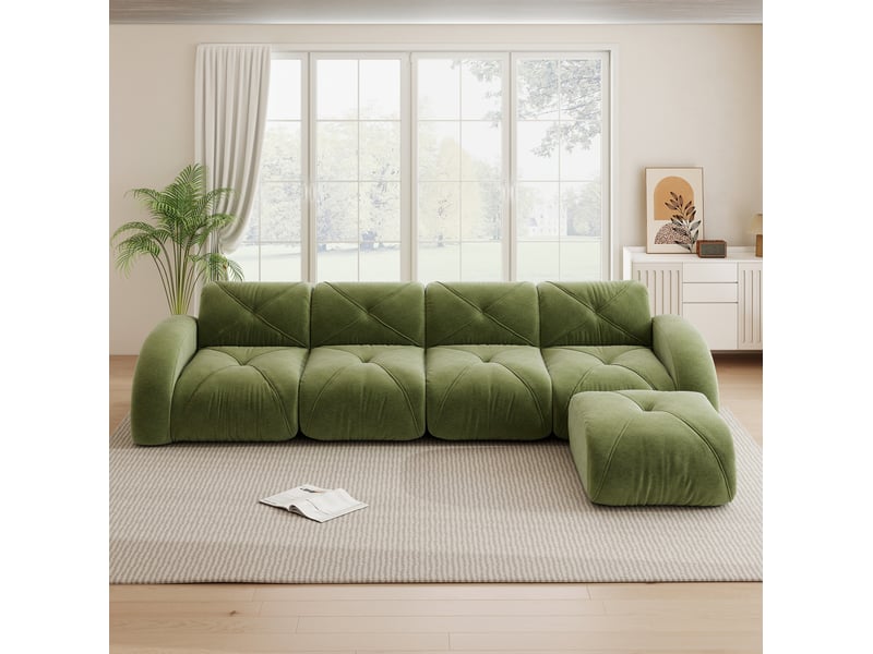  Canapé d’angle modulable 4 places en chenille vert avec repose-pieds  - Conforama D