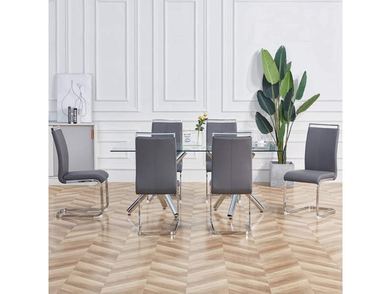  Lot de 4 chaises cantilever 42x54x100 cm, salle à manger, salon, cuisine, dossier haut, pieds métal chromé, assise pu grise  - Conforama D