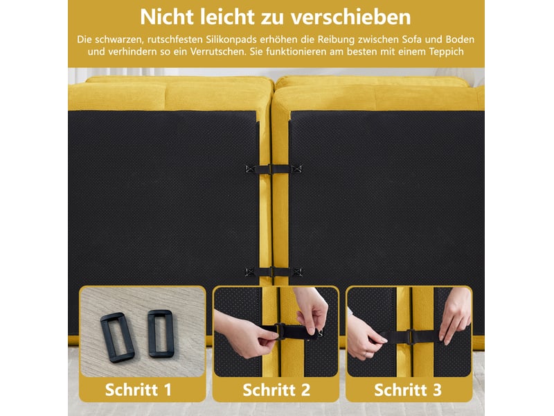  Canapé modulable u 4 places 334x160x68 cm, mousse 32d, 2 poufs, assise spacieuse profonde, revêtement en chenille, jaune  - Conforama E