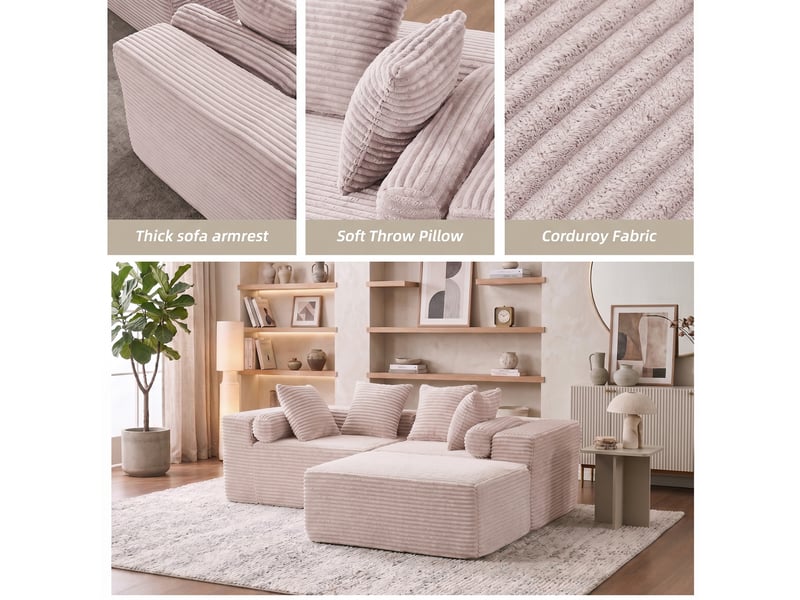  Canapé d’angle modulable,266x110x60,01 cm,3 places avec méridienne,chenille,beige  - Conforama E