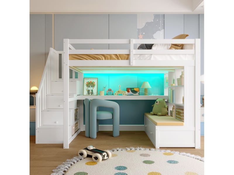  Lit mezzanine 140x200 cm avec bureau, étagères, tiroirs et escalier de rangement mdf et bois blanc matelas non inclus  - Conforama B