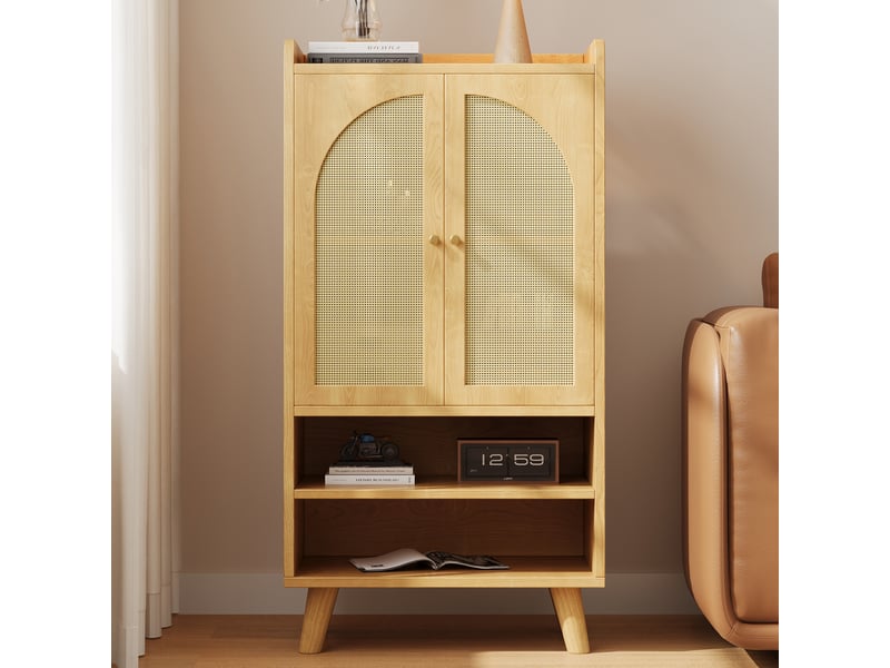  Buffet haut naturel, 60 x 40 x 121 cm, en panneau de particules, avec 2 portes en rotin et 2 niches ouvertes  - Conforama D