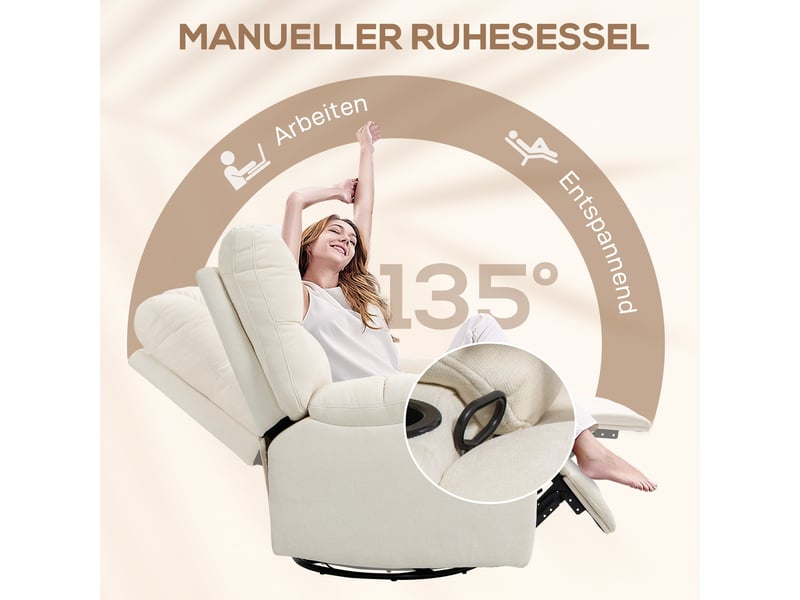  Fauteuil relax inclinable beige, pivotant et à bascule, repose-pieds manuel et deux porte-gobelets pour salon, tissu aspect lin  - Conforama E