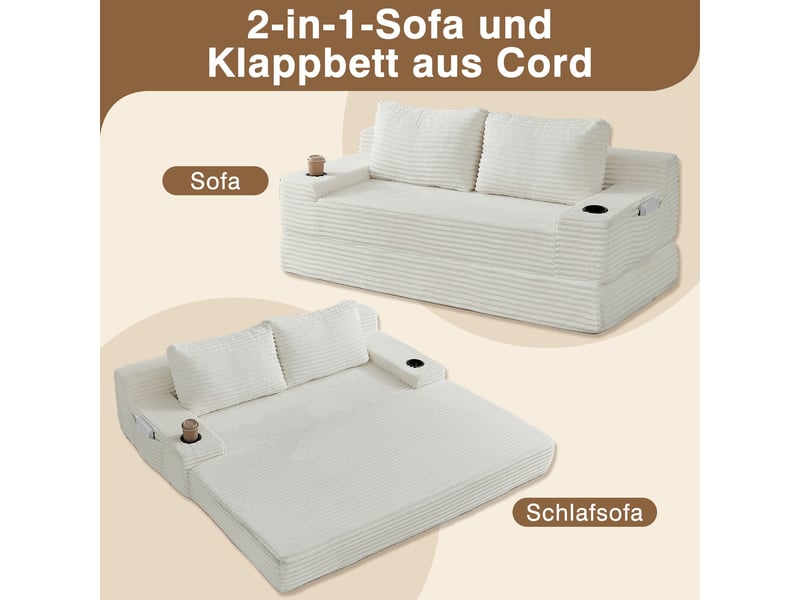 Canapé-lit 2 en 1 180 cm, canapé convertible avec porte-gobelets, poches de rangement, 2 coussins, tissu côtelé - Conforama E