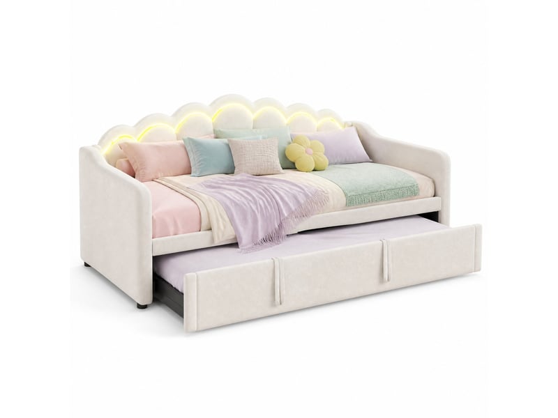  Lit gigogne canapé 90x200 cm fermé 180x200 cm ouvert, led multicolore, velours et mdf, beige, sans matelas  - Conforama A