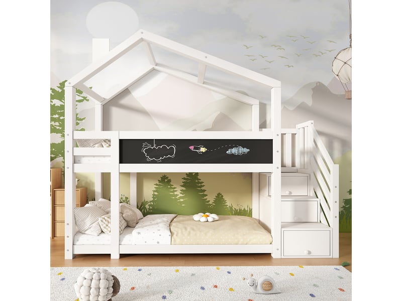  Lit superposé enfant 90x200 cabane avec tableau et escalier de rangement - bois massif blanc  - Conforama B