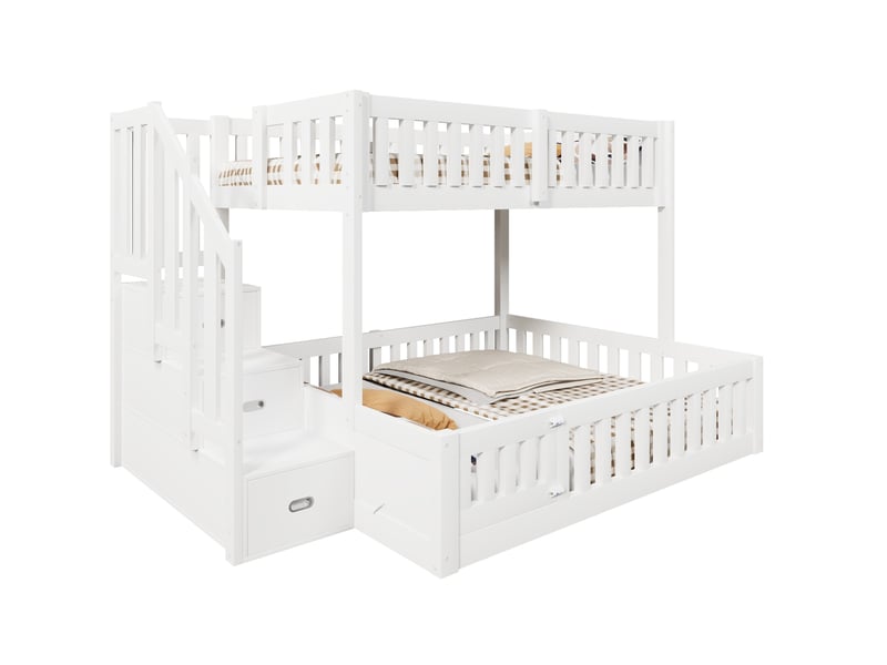  Lit superposé bas 90x200 cm et 140x200 cm avec escalier de rangement blanc  - Conforama A