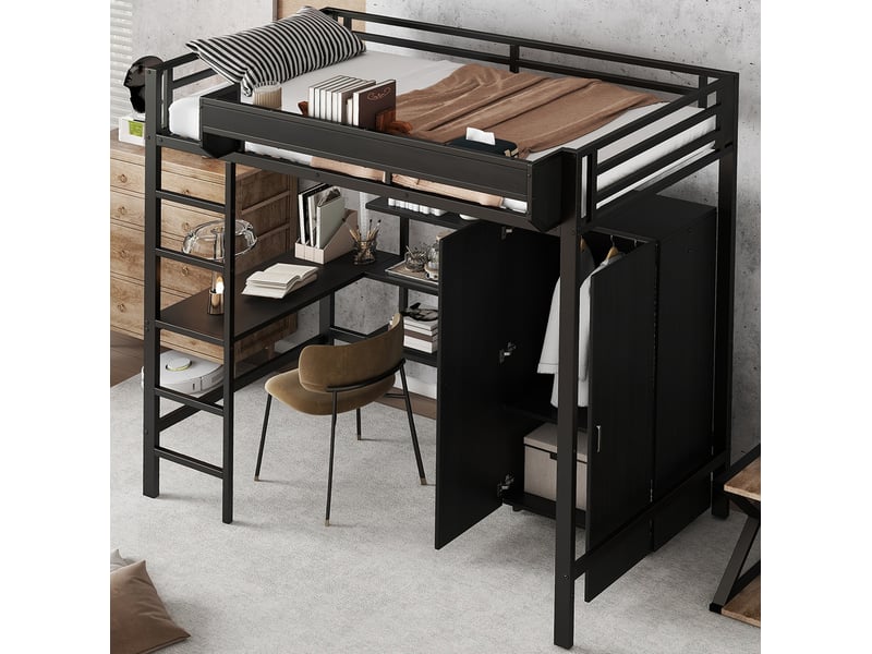  Lit superposé 90x200 cm avec bureau et armoire, métal et panneau de particules, noir, sans matelas  - Conforama C
