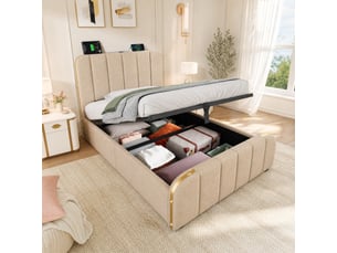 Lit coffre 90 x 200 cm avec tête de lit rembourrée, usb type-c, beige en lin