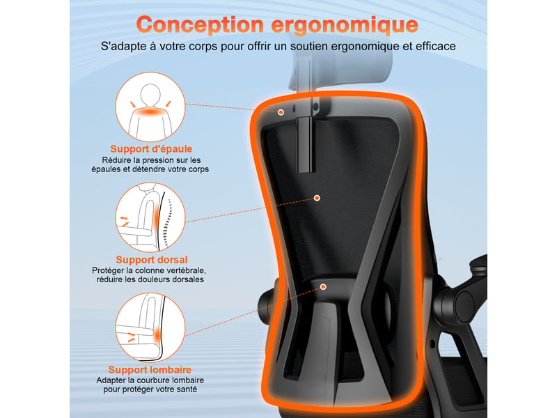  Chaise de bureau ergonomique maille, accoudoirs rembourrés, tête réglable hauteur&amp;angle, incl.90-135°, charge150kg  - Conforama C