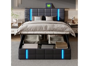 Lit double de rangement 140×200cm, relevage hydraulique, tête de lit led+usb, simili-cuir pu noir, matelas non inclus