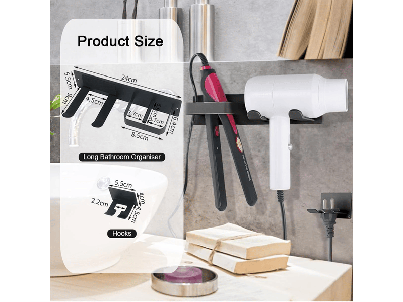  Support mural pour sèche-cheveux et lisseur avec rangement pour câbles, fers à friser, porte-outils de salle de bain  - Conforama B