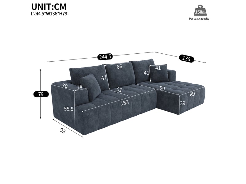  Canapé d'angle modulaire 3 places en tissu bleu, sans cadre, modulable et confortable pour le salon  - Conforama C