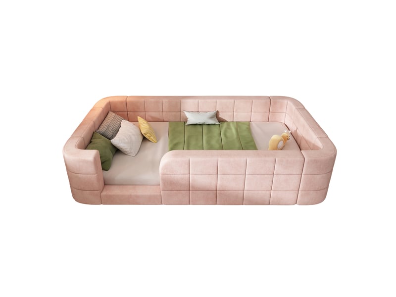  Lit enfant rembourré 90x200 cm lit enfant au sol avec contour fermé et angles arrondis, sans matelas, chenille rose Morn Vibe - Conforama A