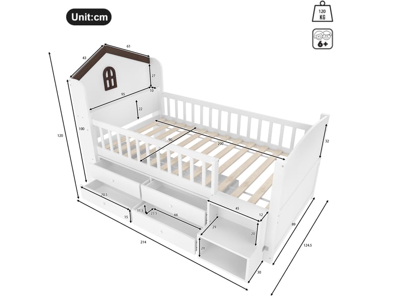  Lit enfant 90x200 cm avec éclairage led et rangements en pin blanc  - Conforama E