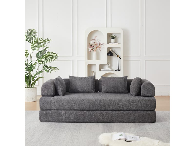 Canapé convertible modulaire 4 en 1 sans montage avec dossier réglable et 4 coussins en chenille gris - Conforama B