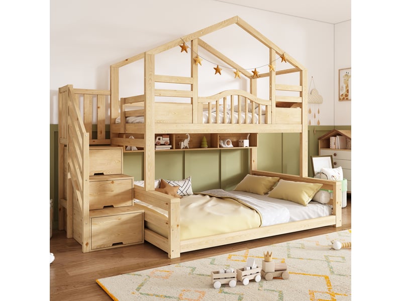  Lit superposé enfant 90x200140x200 avec escalier de rangement et toit, bois, beige et naturel clair sans matelas  - Conforama D