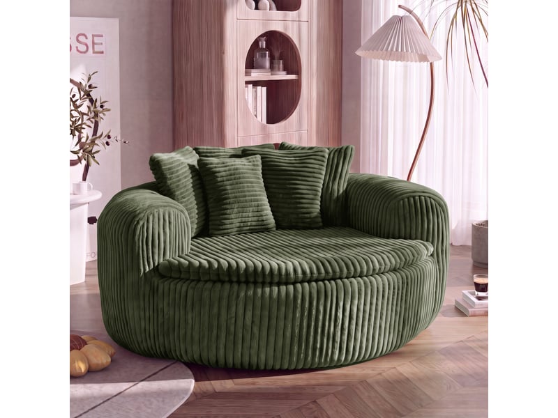Fauteuil pouf 145 × 133 cm en velours côtelé vert, assise profonde, 5 coussins inclus, mousse et ressorts, base antidérapante - Conforama B