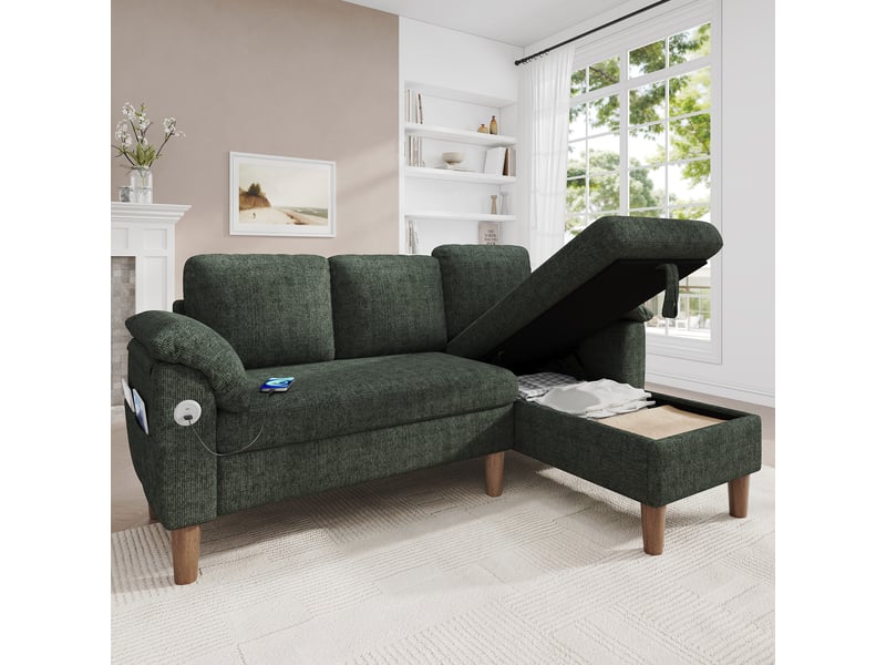  Canapé d'angle modenvie 3 places modulable avec méridienne réversible, coffre de rangement, usb et type-c, chenille verte  - Conforama B