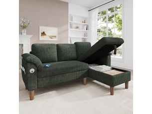 Canapé d'angle réversible fixe <strong>MODENVIE</strong> <strong></strong> 3 places Polyester vert avec coffre de rangement