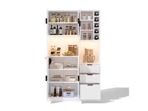 Buffet de cuisine modenvie 105 x 40 x 180 cm avec led, prises, 3 tiroirs, range-bouteilles, étagères réglables, mdf blanc