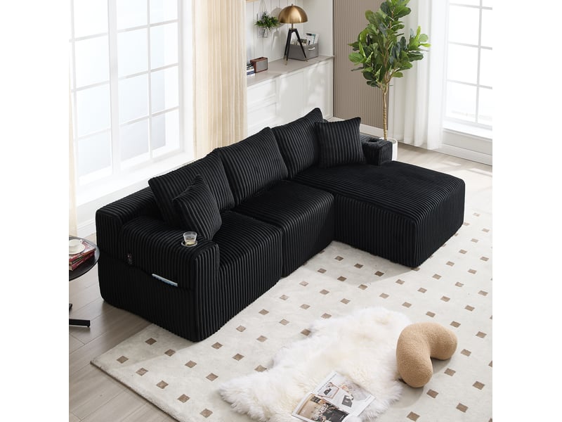  Canapé modulable modenvie 3 places avec méridienne, velours côtelé noir, 5 coussins, poches latérales et porte-gobelets  - Conforama D