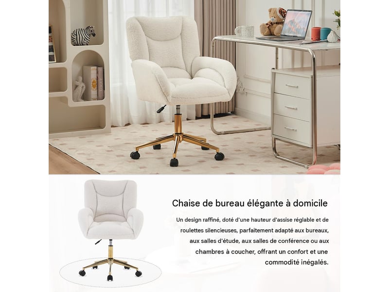  Chaise de bureau pivotante réglable tissu teddy blanc base dorée 64 x 62 x 92.5 cm W2087P371364 - Conforama E