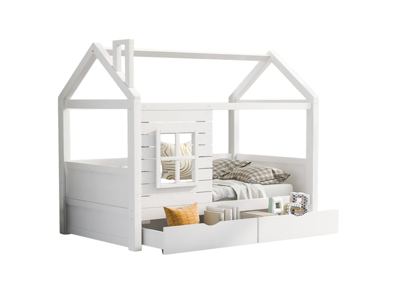  Modenvie lit cabane enfant 90x200 cm - avec tiroirs de rangement, sommier inclus, sans matelas - blanc  - Conforama A