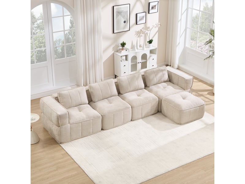  Canapé 4 places - 344x162x67cm - canapé d'angle modulaire en l avec pouf repose-pieds en mousse 32d sans cadre - beige  - Conforama D