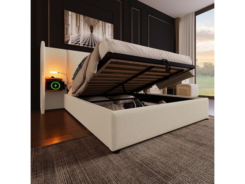 Lit double 160x200 cm avec coffre de rangement, tête de lit étagère, liseuse led et ports usbtype-c, tissu lin beige - Conforama B