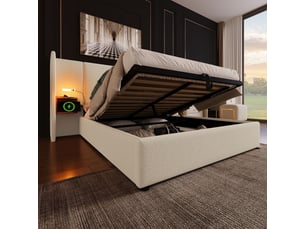 Lit double 160x200 cm avec coffre de rangement, tête de lit étagère, liseuse led et ports usbtype-c, tissu lin beige