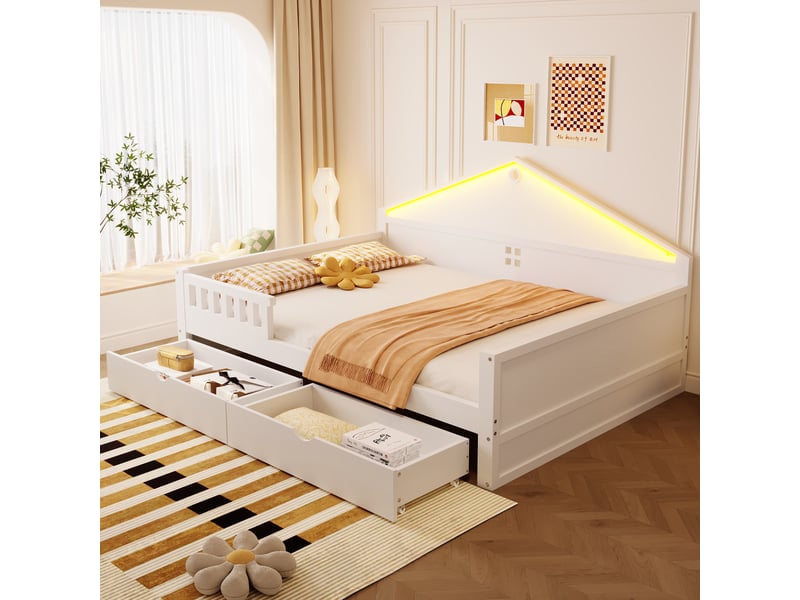 Lit enfant 140x200 cm blanc avec bandeau led contrôlable, 2 tiroirs et sommier à lattes inclus - Conforama R