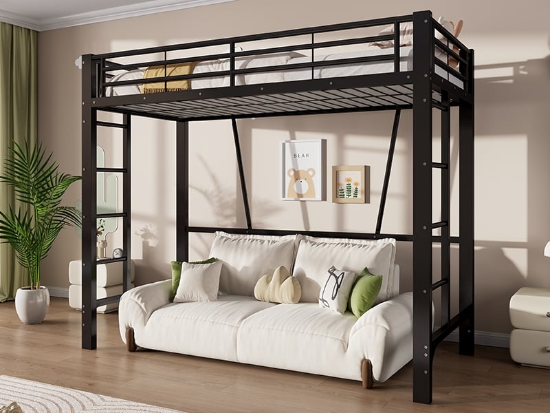  Lit mezzanine 90 x 200cm, structure de lit en métal, double échelle, espace ouvert sous le lit, noir  - Conforama B