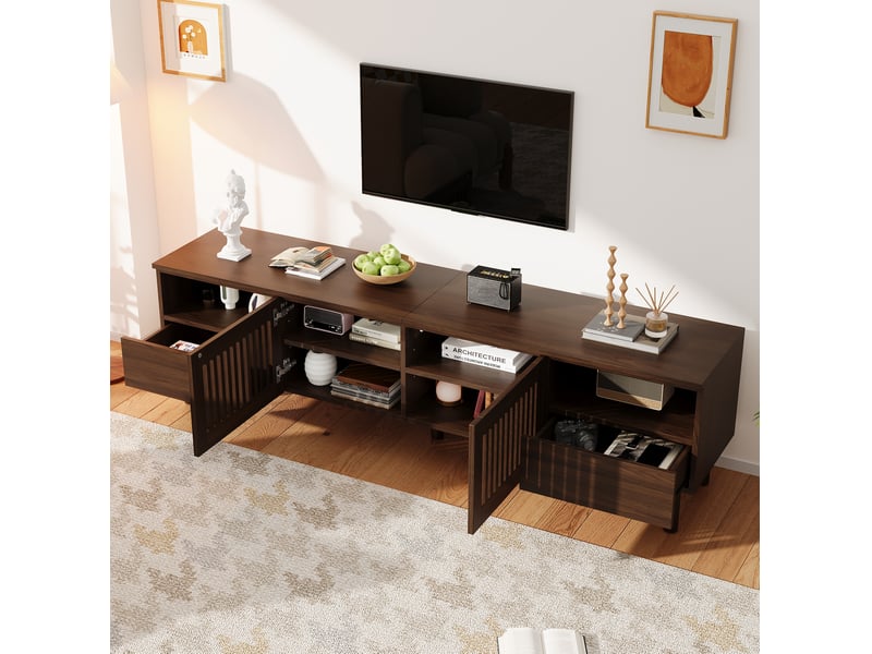  Meuble tv 180x40x51 cm avec 2 portes grillagées et 2 tiroirs, mdf, couleur teinte noyer, design simple  - Conforama D