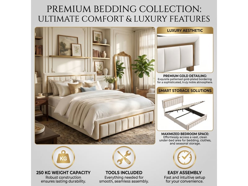 Dreammespace lit coffre 180x200 cm - lit king size avec grand rangement hydraulique et sommier, velours lignes dorées blanc crème DreamMespace - Conforama D