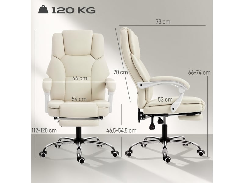 Fauteuil de bureau beige inclinable 155° en cuir régénéré avec repose-pieds, hauteur réglable et roulettes - Conforama C