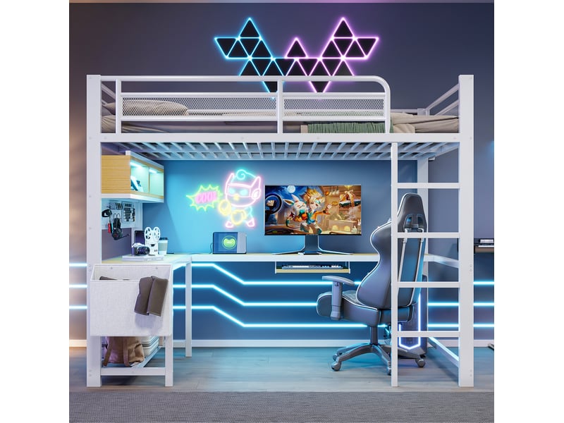  Lit mezzanine gaming 140x200 cm, bureau chargeur, led 7 couleurs, rangements mdf métal blanc sans matelas  - Conforama B