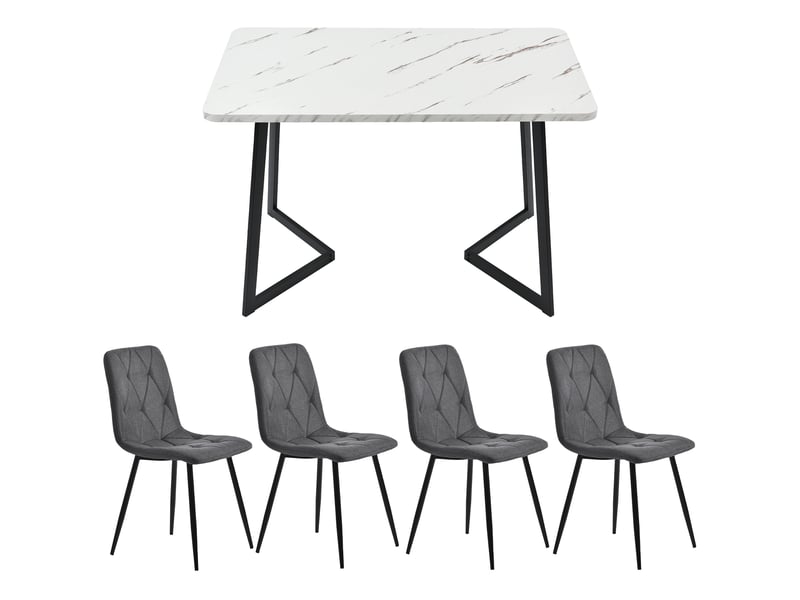  Ensemble table à manger 117 x 68 cm avec 4 chaises, plateau blanc effet marbre, tissu gris foncé et pieds en métal noir  - Conforama E