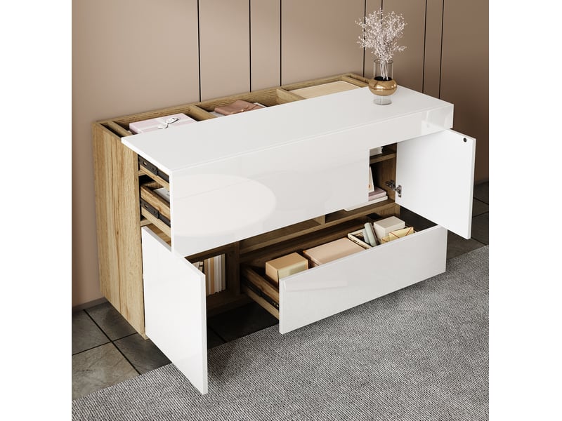 Buffet avec led 120x37x76,5 cm, 2 tiroirs et 2 portes, meuble de cuisine, salon, rangement, panneau de particules blanc - Conforama B