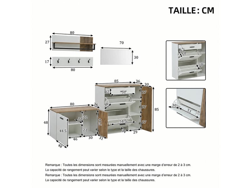  Ensemble meuble d’entrée 5 pièces, banc, miroir et 4 crochets, blanc et bois  - Conforama D