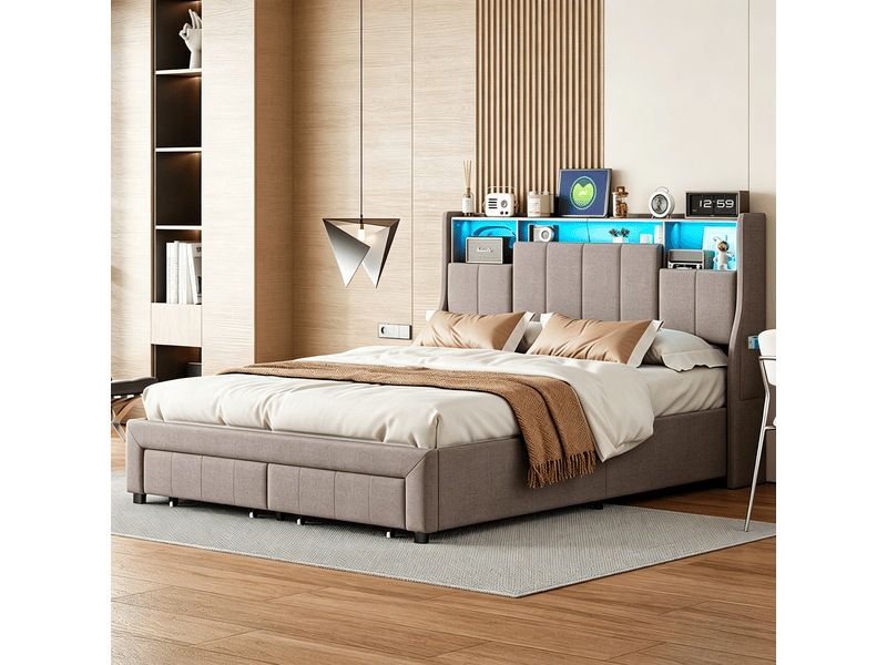  Lit 140x190 cm - 240813sm - led réglable - scandinave - lin - cadre de lit double 140x190 cm - gris  - Conforama W