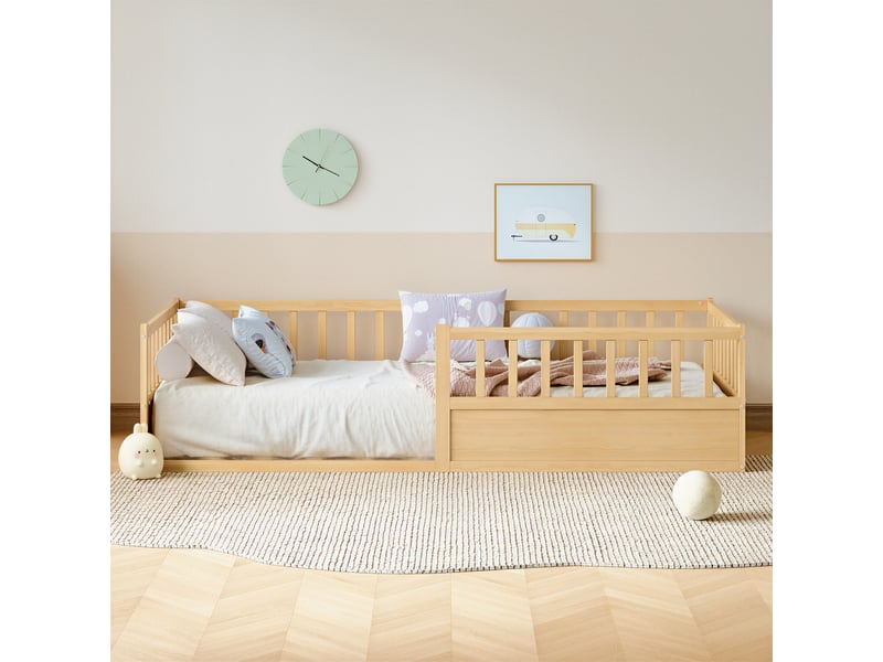  Lit enfant montessori 90x200 cm – avec barrières de sécurité – pin massif – bois naturel CozyNest - Conforama B