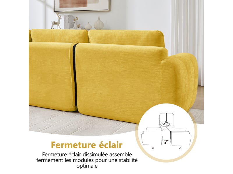  Canapé modulable 2 places avec 2 ottomans, en chenille jaune  - Conforama D