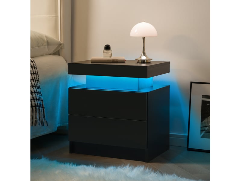  Table de chevet modenvie led moderne 2 tiroirs bois d’ingénierie noir 50 x 53 x 36 cm  - Conforama D