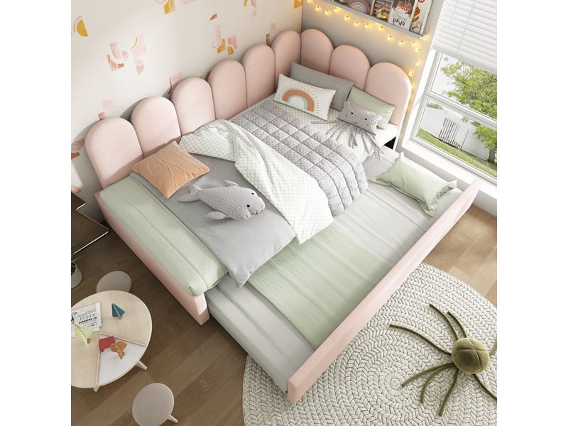  Lit gigogne 200×90 cm et 190×90 cm avec couchage coulissant, en velours rose, sans matelas  - Conforama C