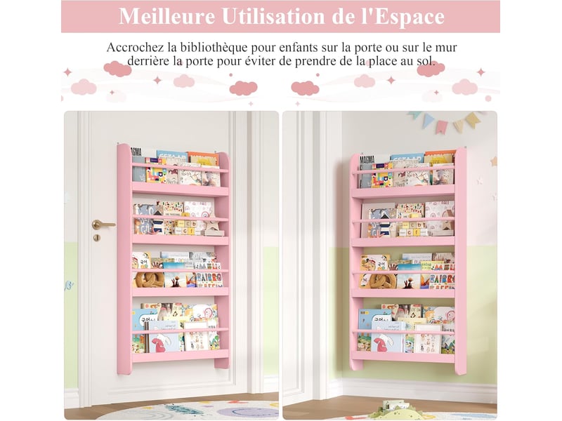  Bibliotheque enfant, bibliothèque murale avec 4 étagères, etagere murale, rangement livre jouets pour chambre d'enfants salle de jeux, rose 58x12x111cm  - Conforama D