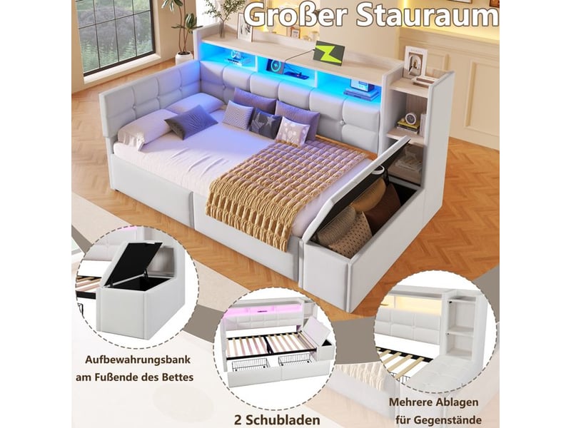  Lit de jour avec rangement - 90x190 cm - deux tiroirs - ports usb et type-c - compartiment de rangement  - Conforama C